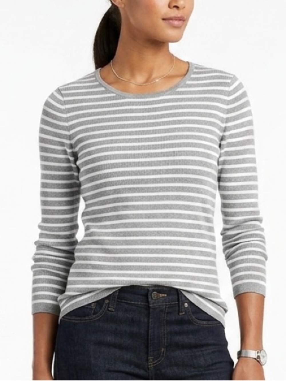 L.L. Bean Gray and White Striped Crew Neck Knit Top Lighweight Sweater Sz L